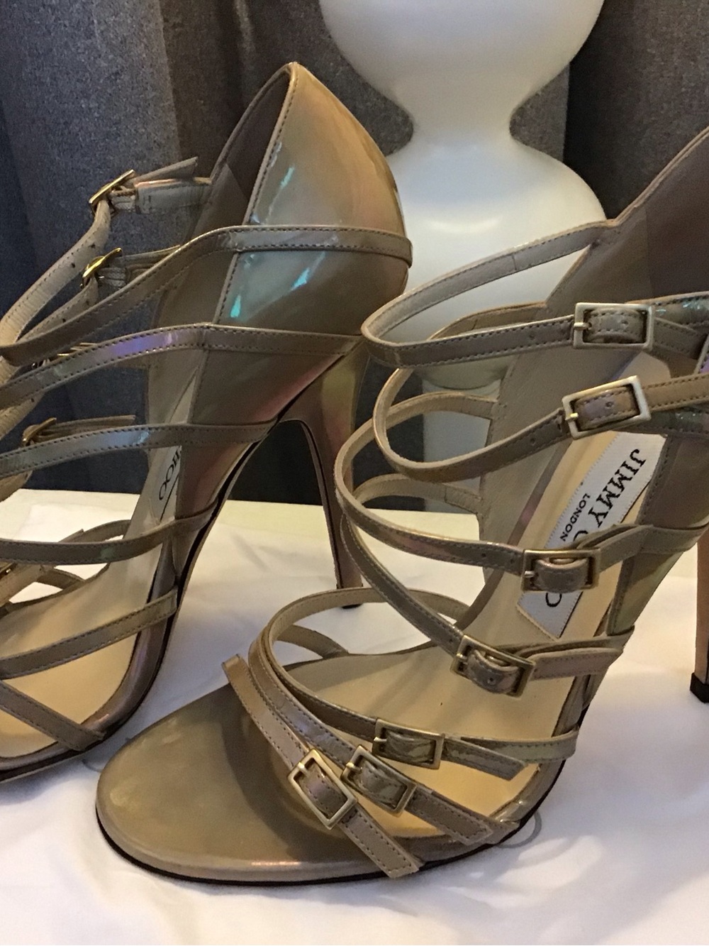 Jimmy Choo Iridescent Champagne Strappy Stiletto Sandals